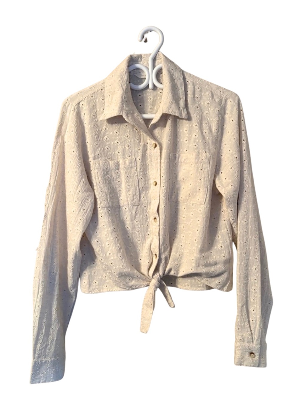 Sim & Sam Cream Eyelet Button Down Shirt with Tie Front Detail